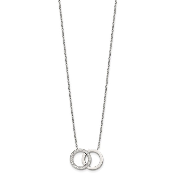 Stainless Steel Polished w/CZ Double Rings 18in w/2in ext. Necklace