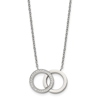 Stainless Steel Polished w/CZ Double Rings 18in w/2in ext. Necklace