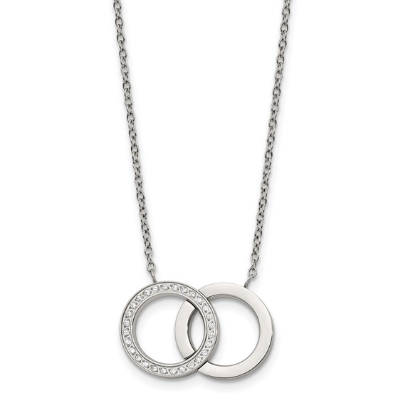Stainless Steel Polished w/CZ Double Rings 18in w/2in ext. Necklace
