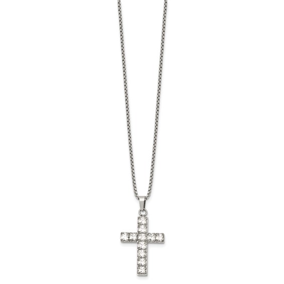 Stainless Steel Polished CZ Cross 18in w/2in ext. Necklace