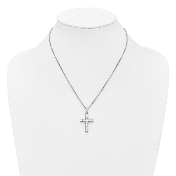 Stainless Steel Polished CZ Cross 18in w/2in ext. Necklace