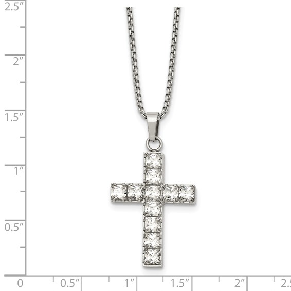 Stainless Steel Polished CZ Cross 18in w/2in ext. Necklace