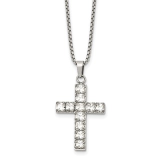 Stainless Steel Polished CZ Cross 18in w/2in ext. Necklace