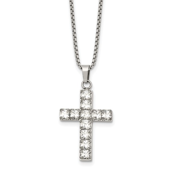 Stainless Steel Polished CZ Cross 18in w/2in ext. Necklace