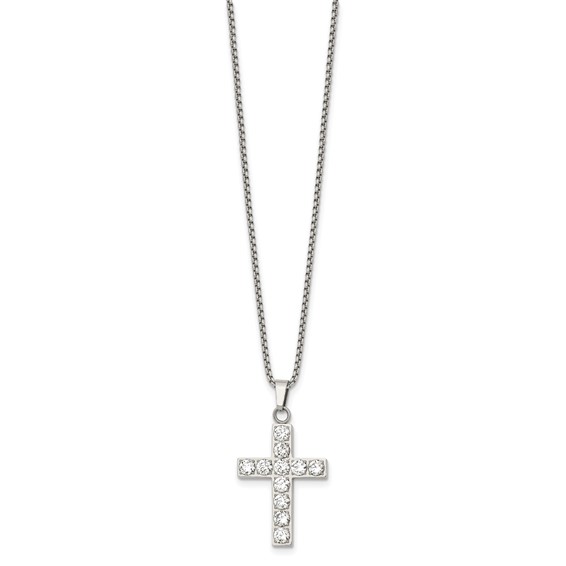 Stainless Steel Polished CZ Cross 18in w/2in ext. Necklace