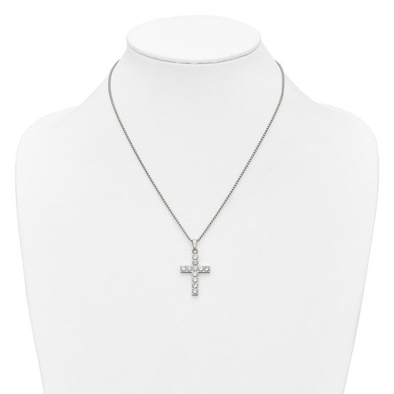 Stainless Steel Polished CZ Cross 18in w/2in ext. Necklace