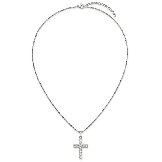 Stainless Steel Polished CZ Cross 18in w/2in ext. Necklace