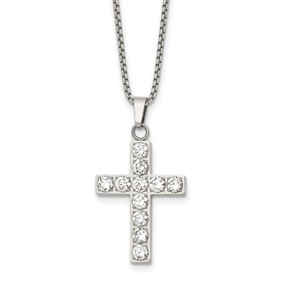 Stainless Steel Polished CZ Cross 18in w/2in ext. Necklace
