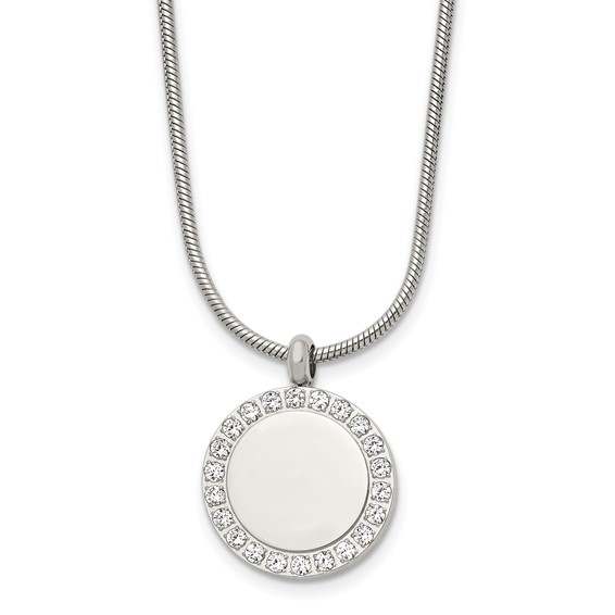 Stainless Steel Polished CZ Disc 18in Necklace