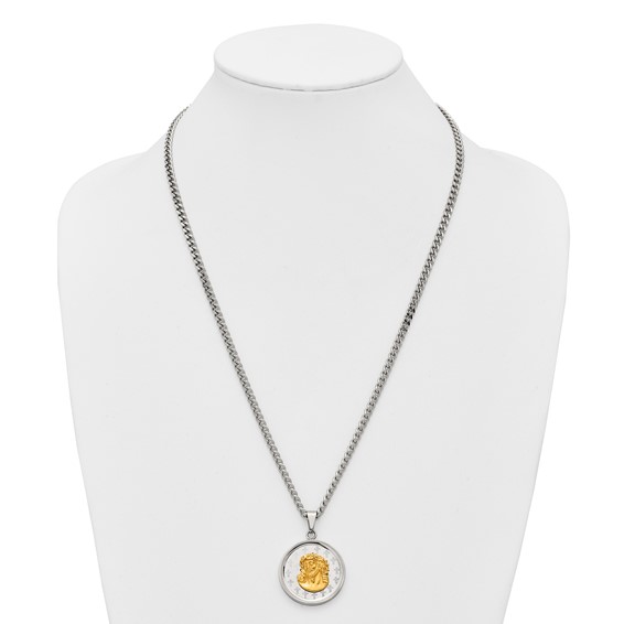 Stainless Steel Polished Yellow IP Jesus on Disc 24in w/2in ext. Necklace