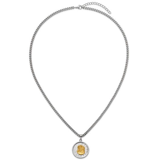 Stainless Steel Polished Yellow IP Jesus on Disc 24in w/2in ext. Necklace