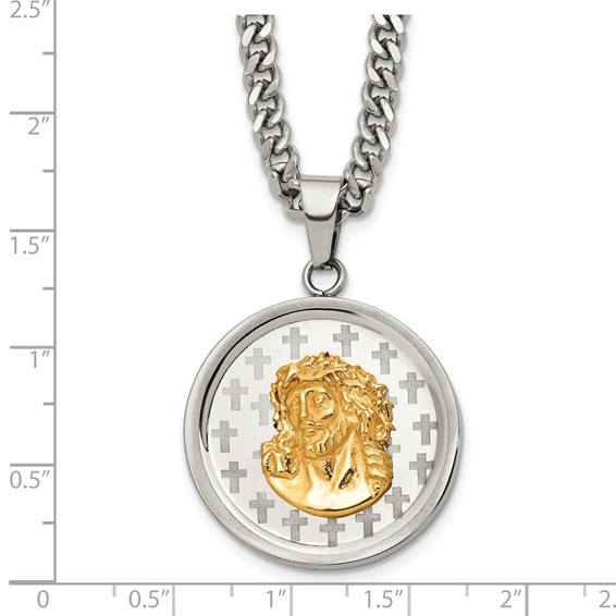 Stainless Steel Polished Yellow IP Jesus on Disc 24in w/2in ext. Necklace