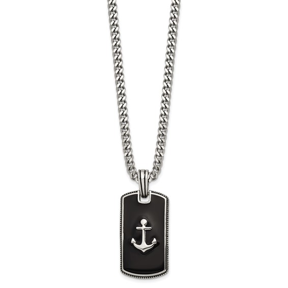 StainlessSteel Polished w/Blk Enamel Anchor DogTag 24in w/2in ext. Necklace