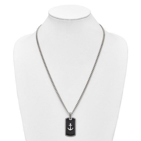 StainlessSteel Polished w/Blk Enamel Anchor DogTag 24in w/2in ext. Necklace