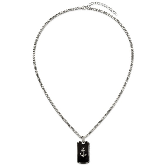 StainlessSteel Polished w/Blk Enamel Anchor DogTag 24in w/2in ext. Necklace
