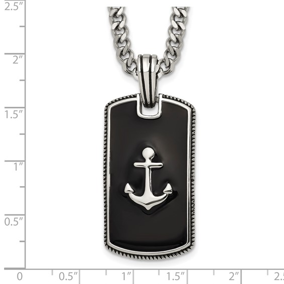 StainlessSteel Polished w/Blk Enamel Anchor DogTag 24in w/2in ext. Necklace