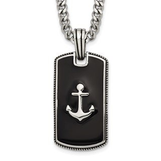 StainlessSteel Polished w/Blk Enamel Anchor DogTag 24in w/2in ext. Necklace