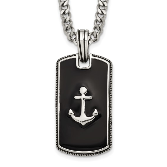StainlessSteel Polished w/Blk Enamel Anchor DogTag 24in w/2in ext. Necklace