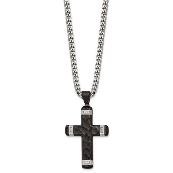 Stainless Steel Polished Hammered Black IP CZ Cross w/2.5in ext. Necklace