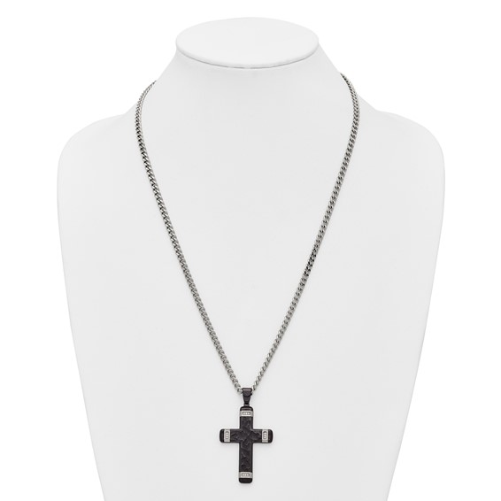 Stainless Steel Polished Hammered Black IP CZ Cross w/2.5in ext. Necklace