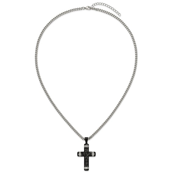 Stainless Steel Polished Hammered Black IP CZ Cross w/2.5in ext. Necklace
