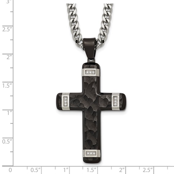 Stainless Steel Polished Hammered Black IP CZ Cross w/2.5in ext. Necklace