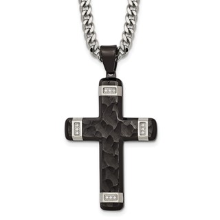 Stainless Steel Polished Hammered Black IP CZ Cross w/2.5in ext. Necklace