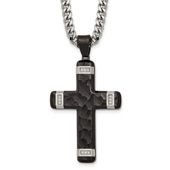 Stainless Steel Polished Hammered Black IP CZ Cross w/2.5in ext. Necklace
