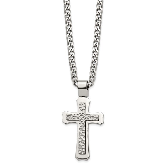 Stainless Steel Polished and Hammered Cross 24in w/2in ext. Necklace