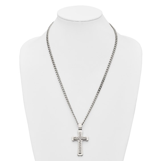 Stainless Steel Polished and Hammered Cross 24in w/2in ext. Necklace