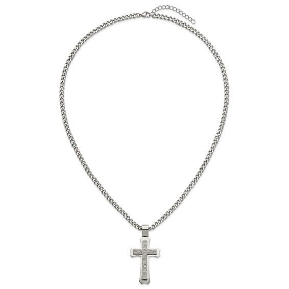 Stainless Steel Polished and Hammered Cross 24in w/2in ext. Necklace