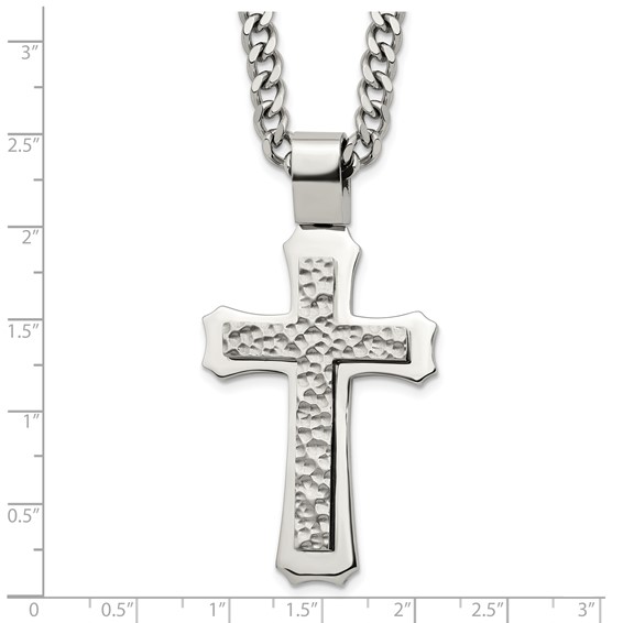 Stainless Steel Polished and Hammered Cross 24in w/2in ext. Necklace