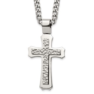 Stainless Steel Polished and Hammered Cross 24in w/2in ext. Necklace