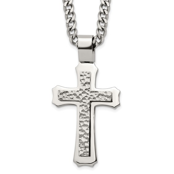 Stainless Steel Polished and Hammered Cross 24in w/2in ext. Necklace