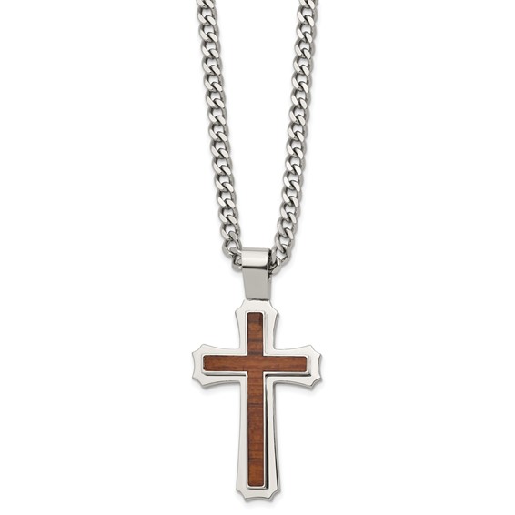 Stainless Steel Polished w/Wood Inlay Cross 24in w/2.5in ext. Necklace