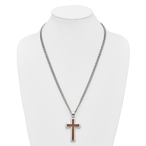 Stainless Steel Polished w/Wood Inlay Cross 24in w/2.5in ext. Necklace