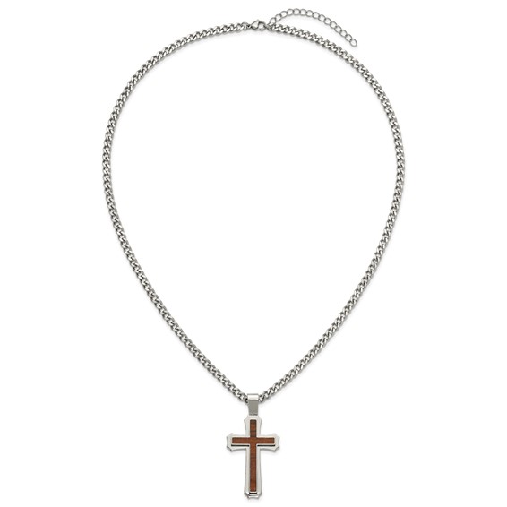 Stainless Steel Polished w/Wood Inlay Cross 24in w/2.5in ext. Necklace