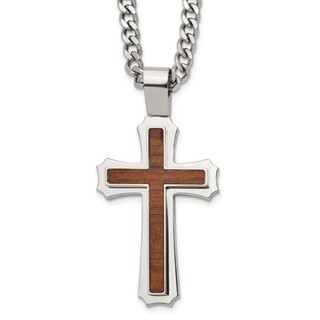 Stainless Steel Polished w/Wood Inlay Cross 24in w/2.5in ext. Necklace