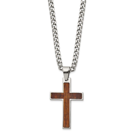 Stainless Steel Polished w/Wood Inlay Cross 24in w/2in ext. Necklace