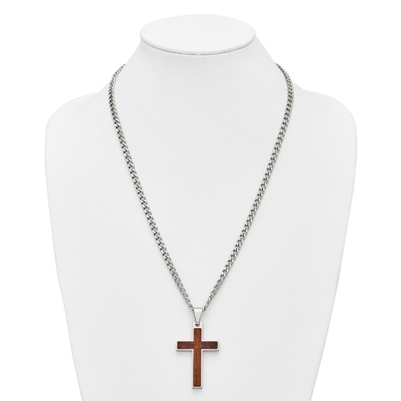 Stainless Steel Polished w/Wood Inlay Cross 24in w/2in ext. Necklace