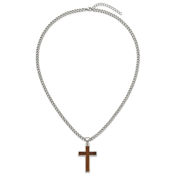 Stainless Steel Polished w/Wood Inlay Cross 24in w/2in ext. Necklace