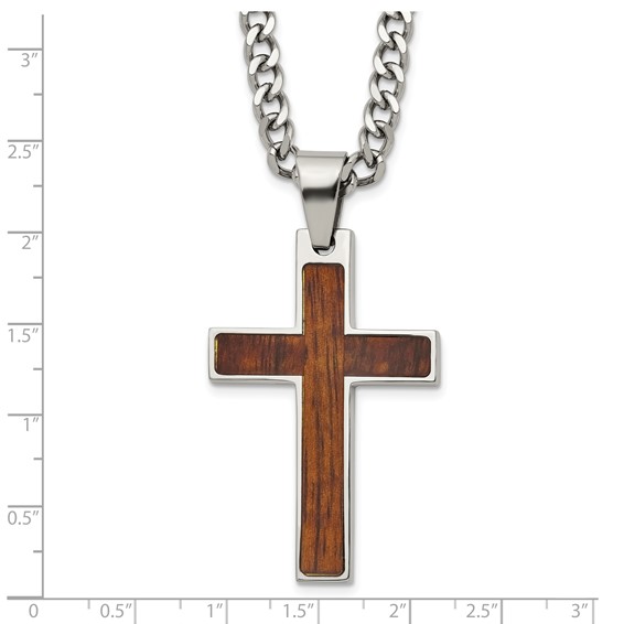Stainless Steel Polished w/Wood Inlay Cross 24in w/2in ext. Necklace