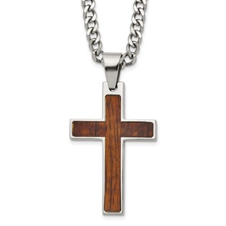 Stainless Steel Polished w/Wood Inlay Cross 24in w/2in ext. Necklace