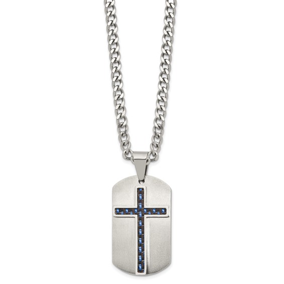 Stainless Steel Brushed Polished CarbonFiber Inlay Cross w/2in ext Necklace