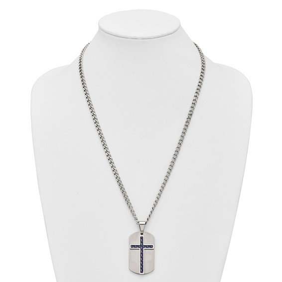 Stainless Steel Brushed Polished CarbonFiber Inlay Cross w/2in ext Necklace