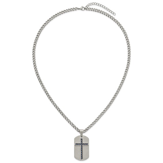 Stainless Steel Brushed Polished CarbonFiber Inlay Cross w/2in ext Necklace