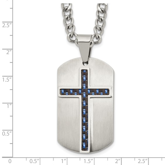 Stainless Steel Brushed Polished CarbonFiber Inlay Cross w/2in ext Necklace