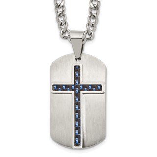 Stainless Steel Brushed Polished CarbonFiber Inlay Cross w/2in ext Necklace