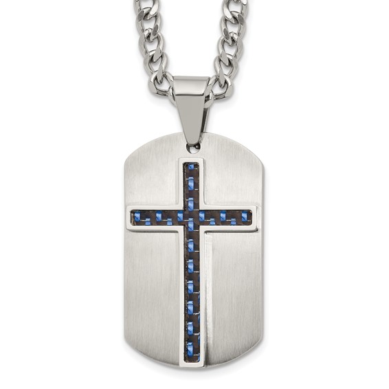 Stainless Steel Brushed Polished CarbonFiber Inlay Cross w/2in ext Necklace