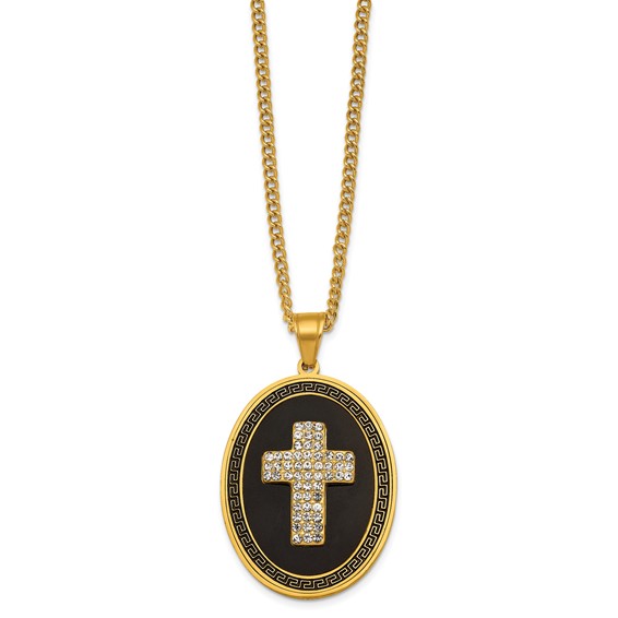 Stainless Steel Polished Yellow IP/Blk Enamel Crystal Oval Cross Necklace